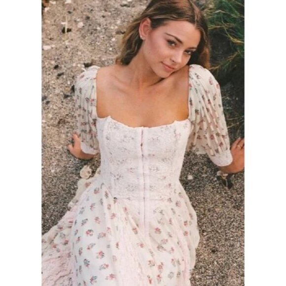 We Are HAH Maiden Memphis Corset Midi Dress in Almond Milk Cottagecore sz Large - Picture 12 of 14